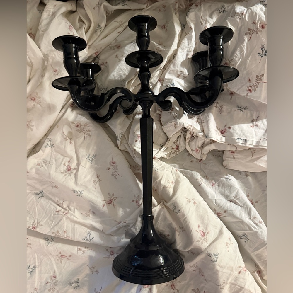 Black heavy metal glossy candelabra 17 inches tall